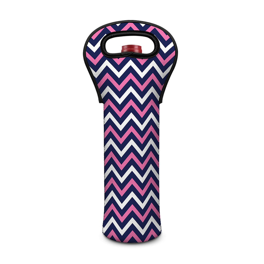 Navy Pink And White Chevron Print Single Neoprene Wine Tote