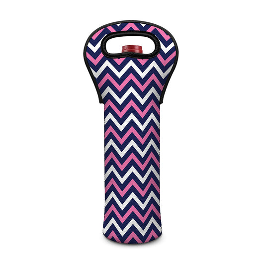 Navy Pink And White Chevron Print Single Neoprene Wine Tote