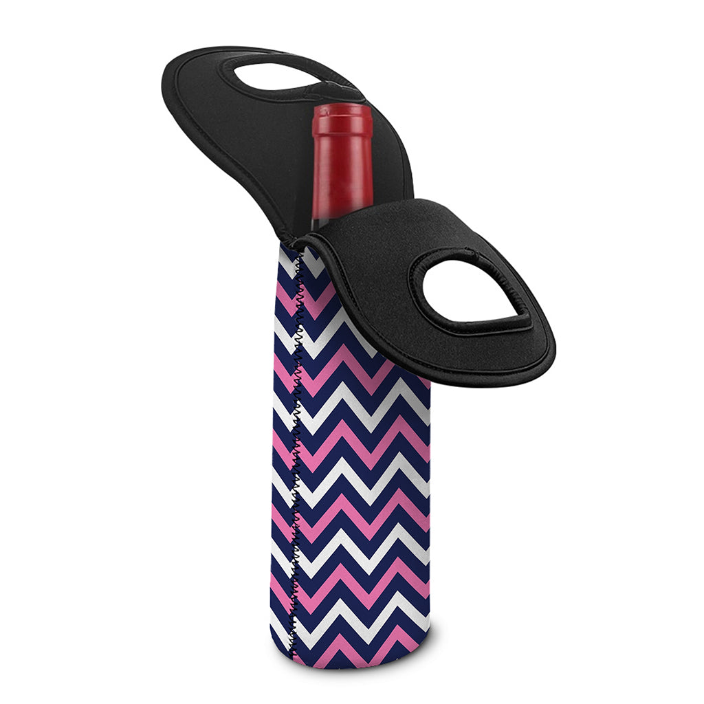 Navy Pink And White Chevron Print Single Neoprene Wine Tote