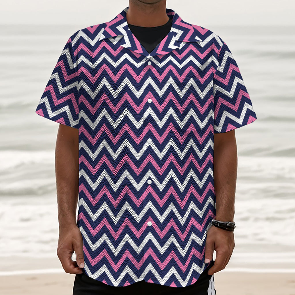 Navy Pink And White Chevron Print Textured Short Sleeve Shirt