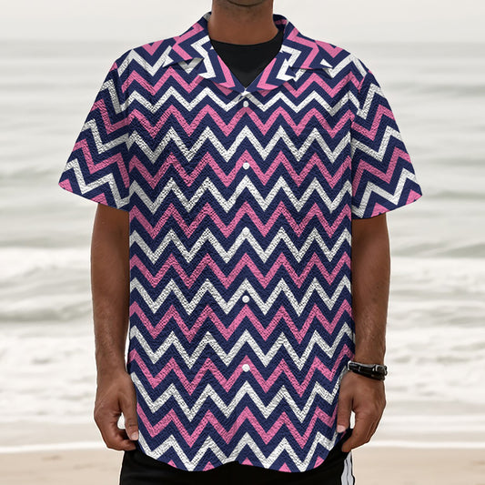Navy Pink And White Chevron Print Textured Short Sleeve Shirt