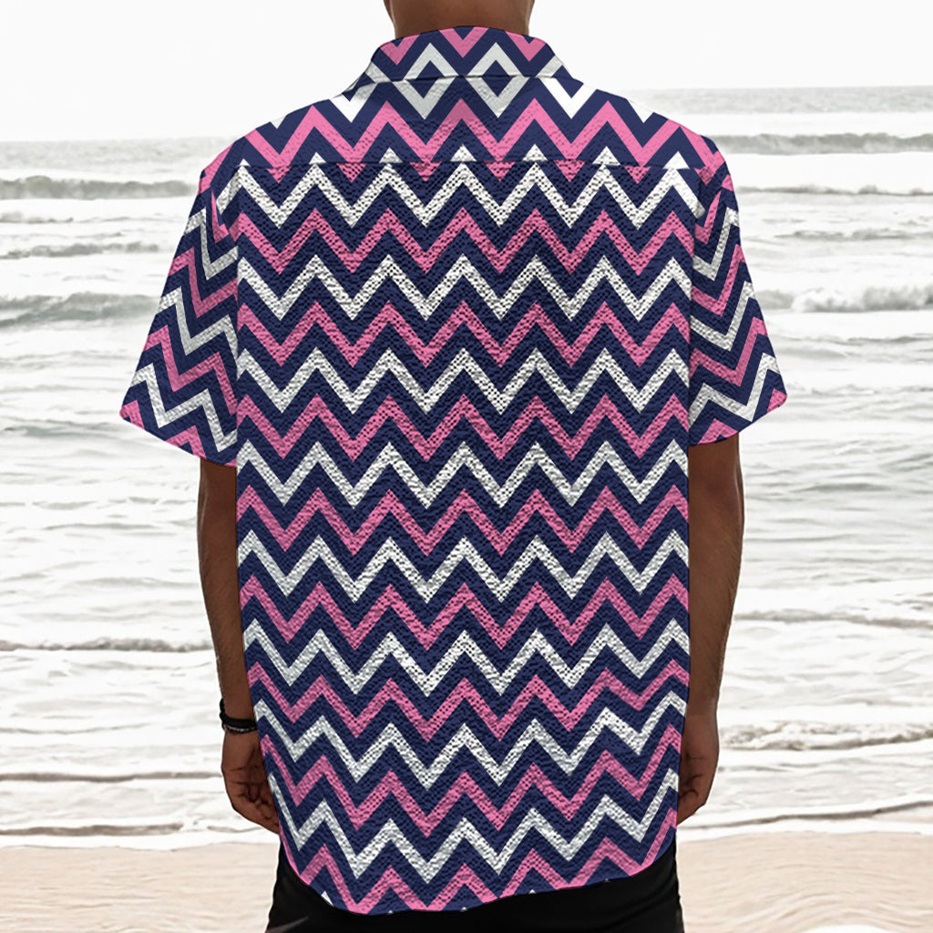 Navy Pink And White Chevron Print Textured Short Sleeve Shirt