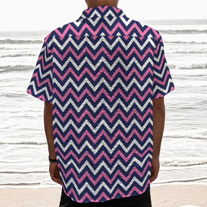 Navy Pink And White Chevron Print Textured Short Sleeve Shirt