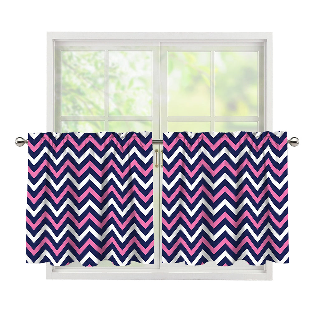 Navy Pink And White Chevron Print Tier Curtains