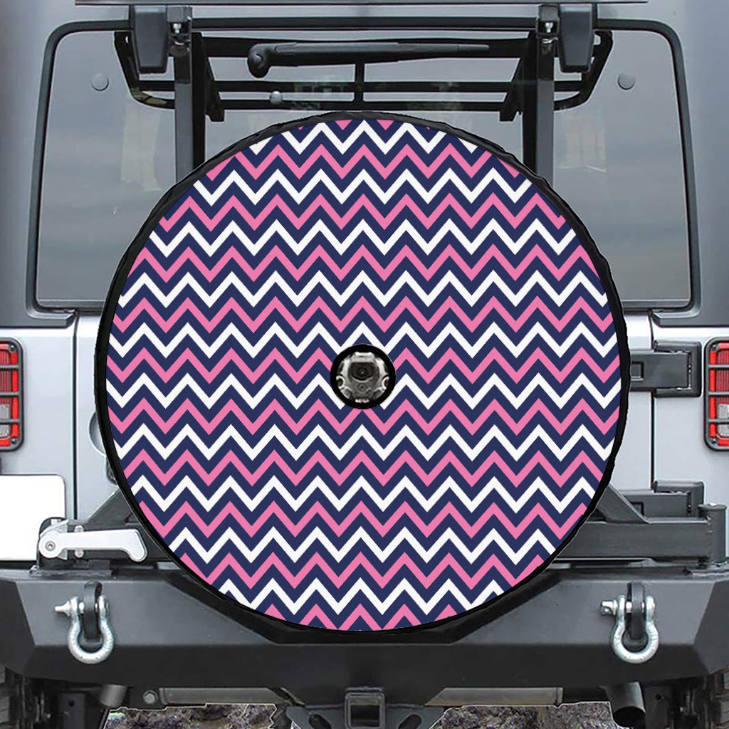 Navy Pink And White Chevron Print Tire Cover With Camera Hole