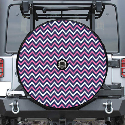 Navy Pink And White Chevron Print Tire Cover With Camera Hole
