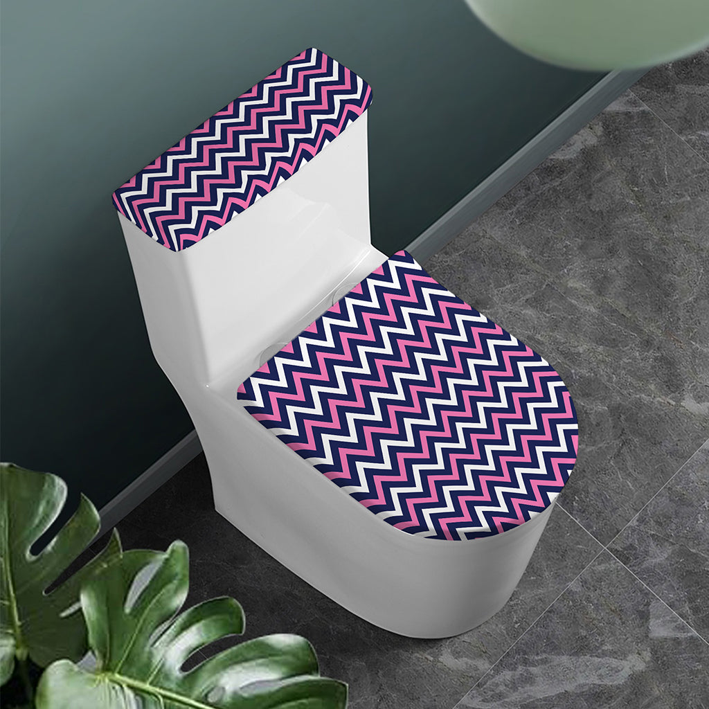 Navy Pink And White Chevron Print Toilet Lid And Tank Cover Set