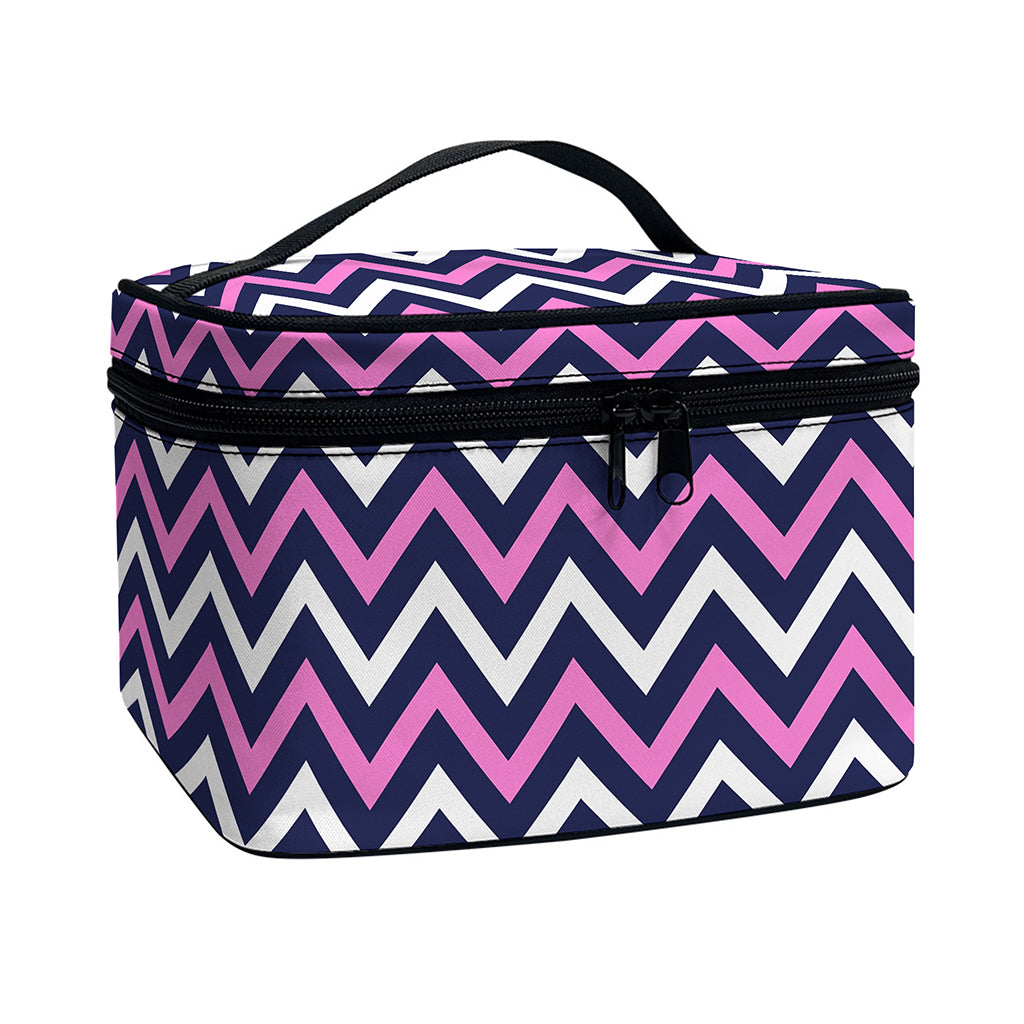Navy Pink And White Chevron Print Travel Makeup Bag