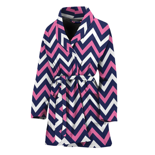 Navy Pink And White Chevron Print Women's Bathrobe
