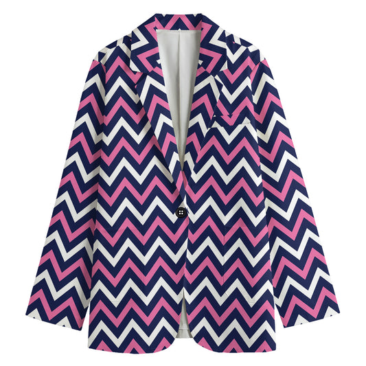 Navy Pink And White Chevron Print Women's Blazer