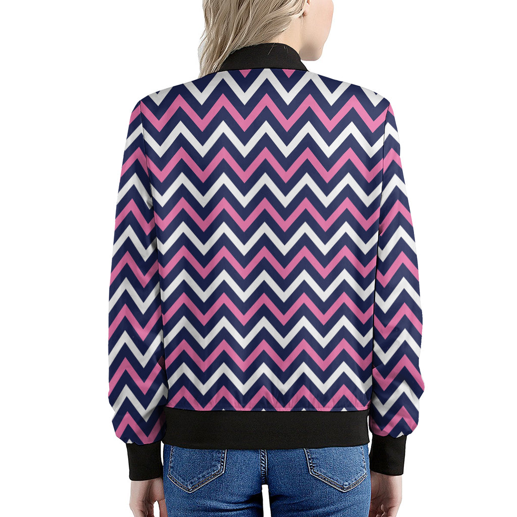 Navy Pink And White Chevron Print Women's Bomber Jacket