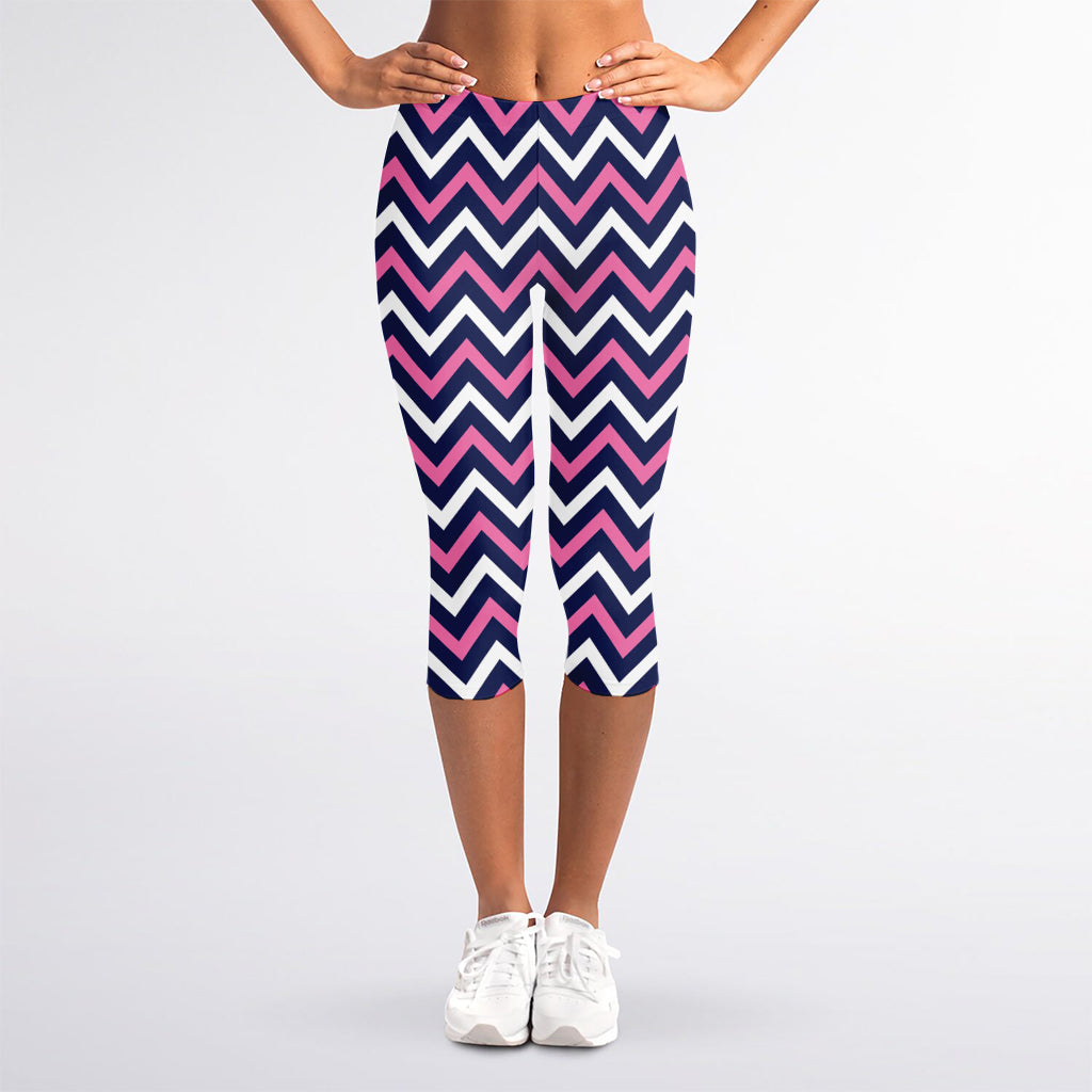 Navy Pink And White Chevron Print Women's Capri Leggings
