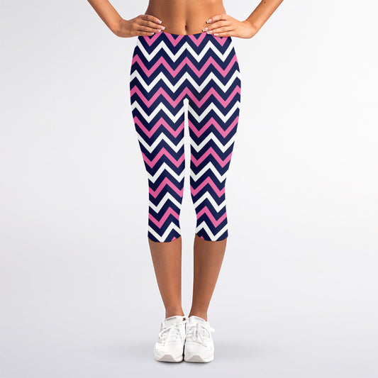 Navy Pink And White Chevron Print Women's Capri Leggings