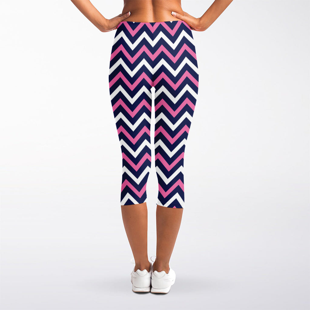 Navy Pink And White Chevron Print Women's Capri Leggings