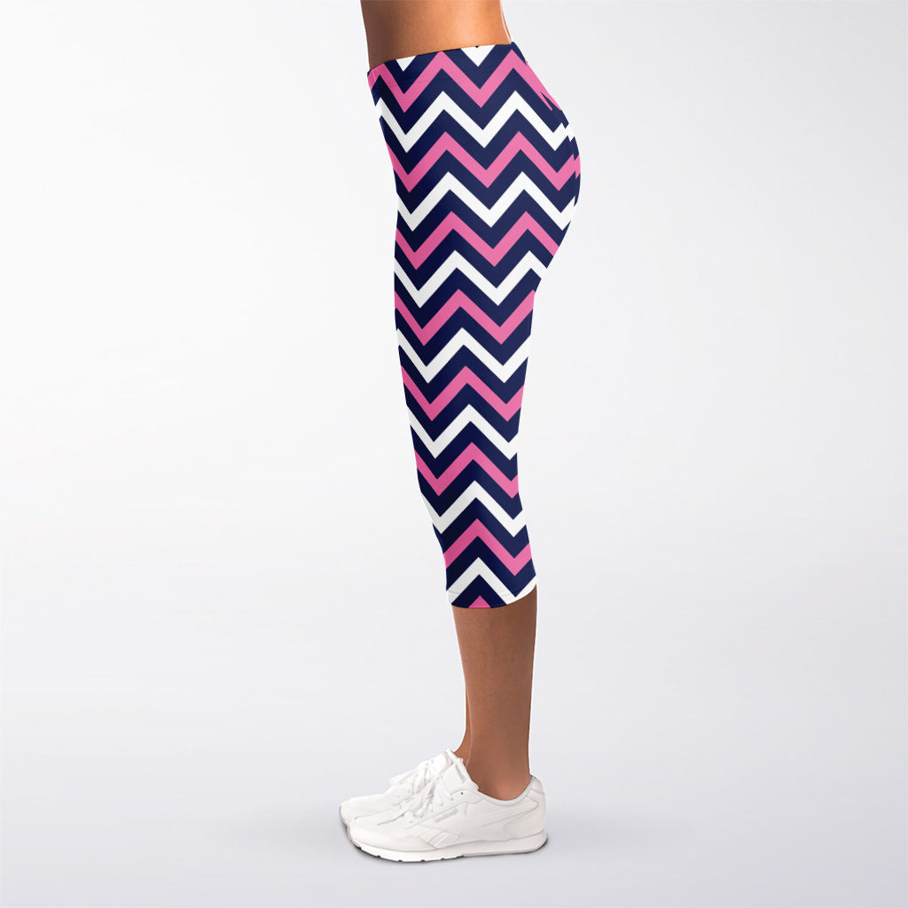 Navy Pink And White Chevron Print Women's Capri Leggings