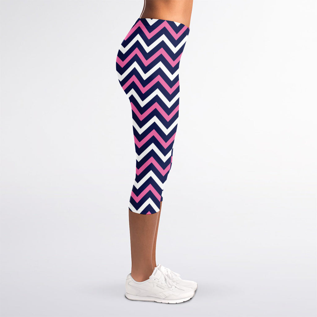 Navy Pink And White Chevron Print Women's Capri Leggings
