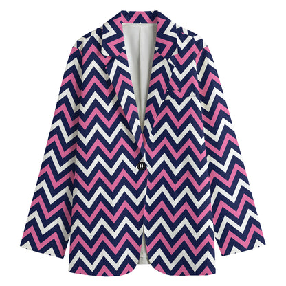 Navy Pink And White Chevron Print Women's Cotton Blazer