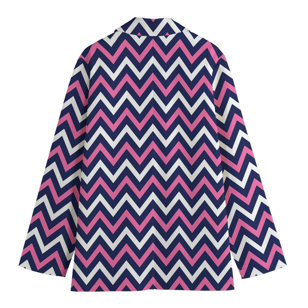 Navy Pink And White Chevron Print Women's Cotton Blazer