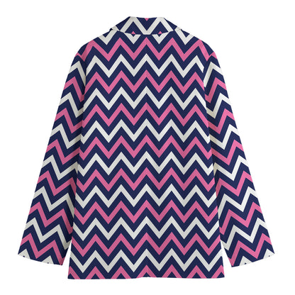 Navy Pink And White Chevron Print Women's Cotton Blazer
