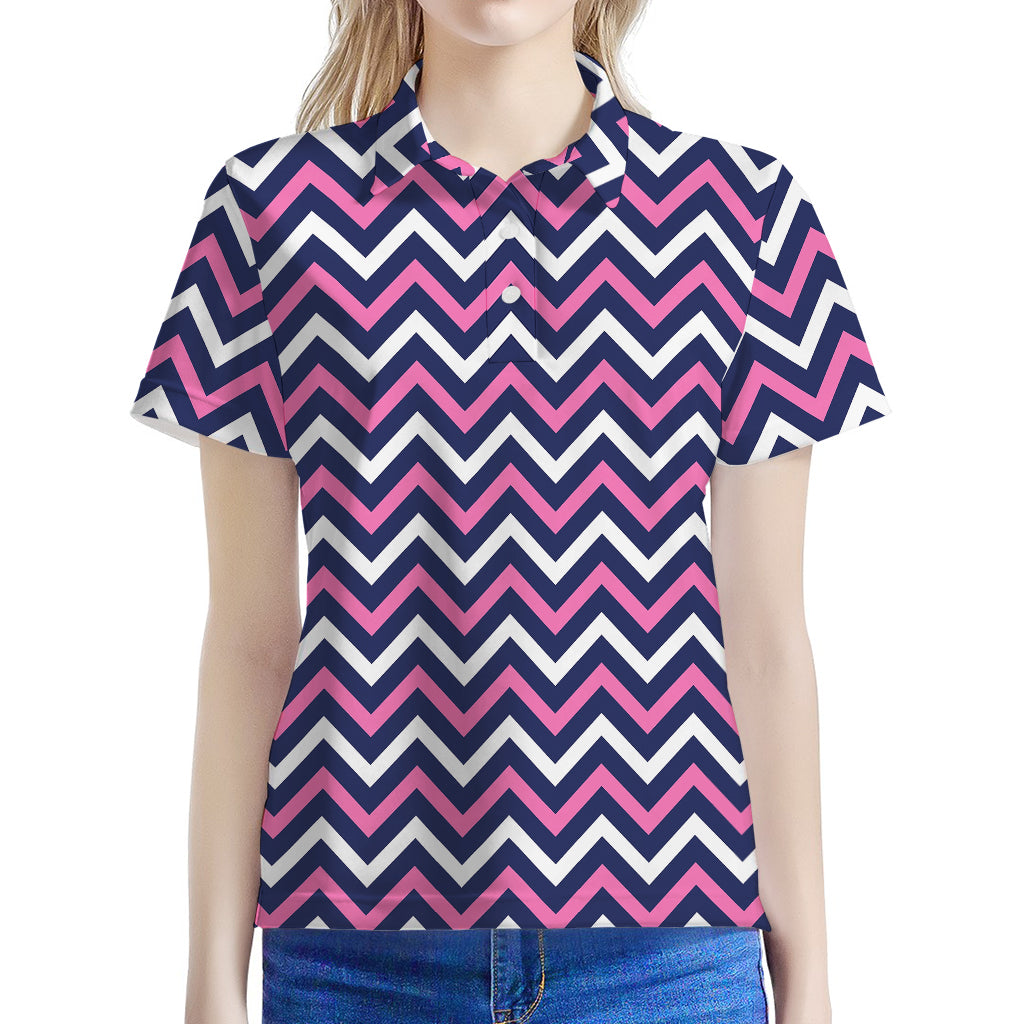 Navy Pink And White Chevron Print Women's Polo Shirt