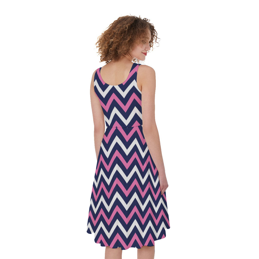 Navy Pink And White Chevron Print Women's Sleeveless Dress