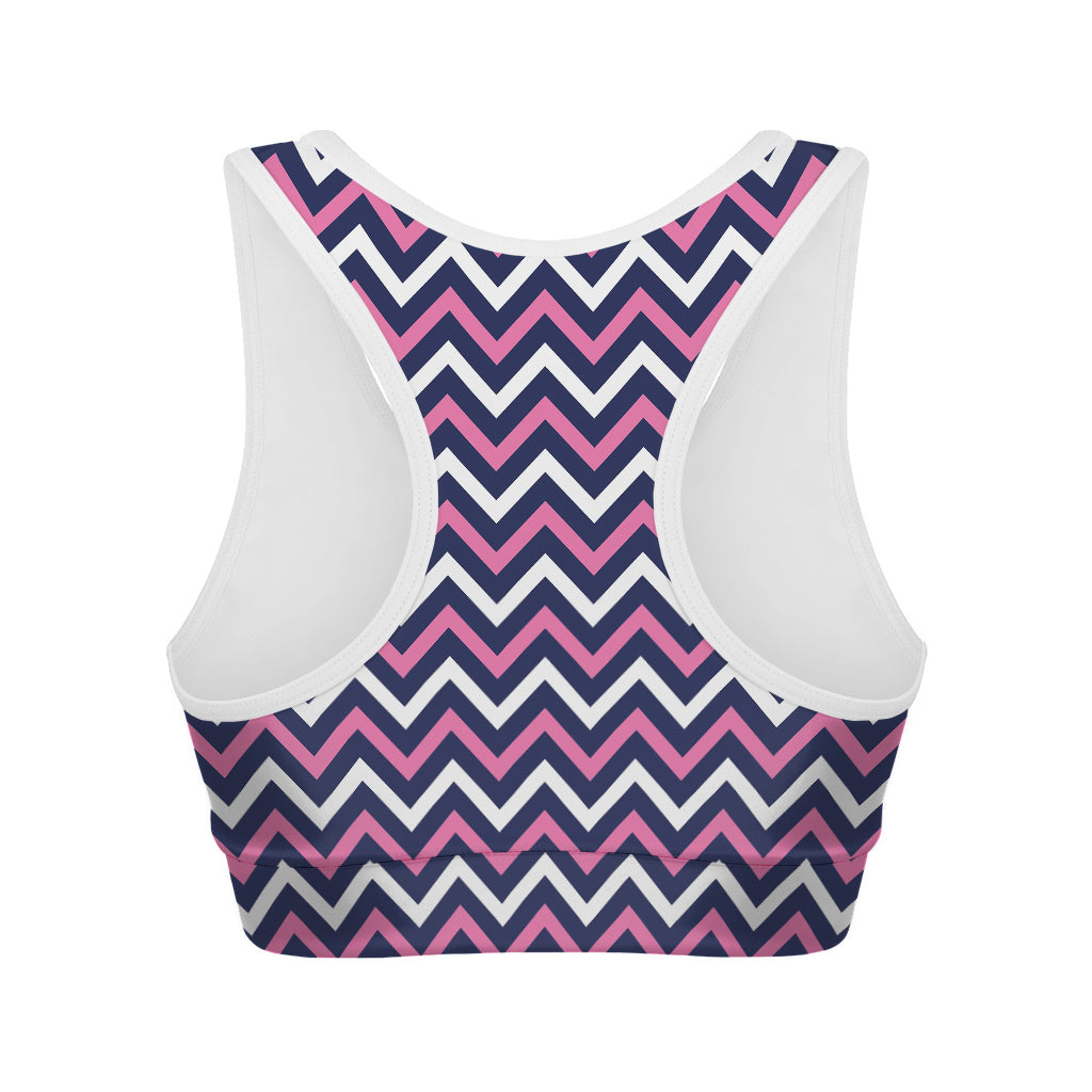 Navy Pink And White Chevron Print Women's Sports Bra