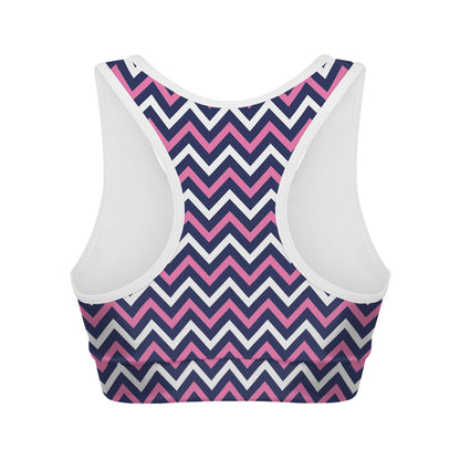 Navy Pink And White Chevron Print Women's Sports Bra