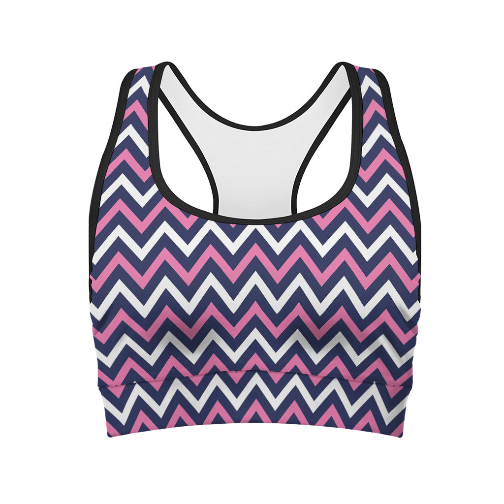 Navy Pink And White Chevron Print Women's Sports Bra