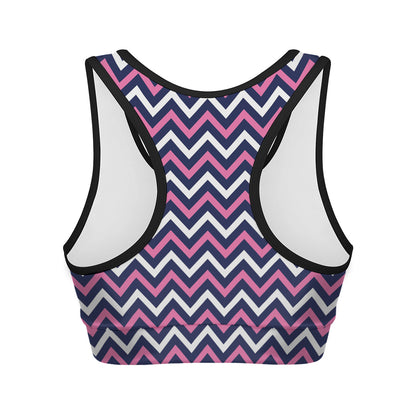 Navy Pink And White Chevron Print Women's Sports Bra