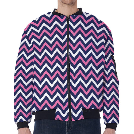 Navy Pink And White Chevron Print Zip Sleeve Bomber Jacket