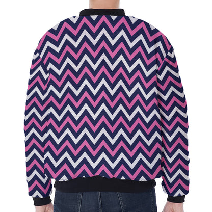 Navy Pink And White Chevron Print Zip Sleeve Bomber Jacket