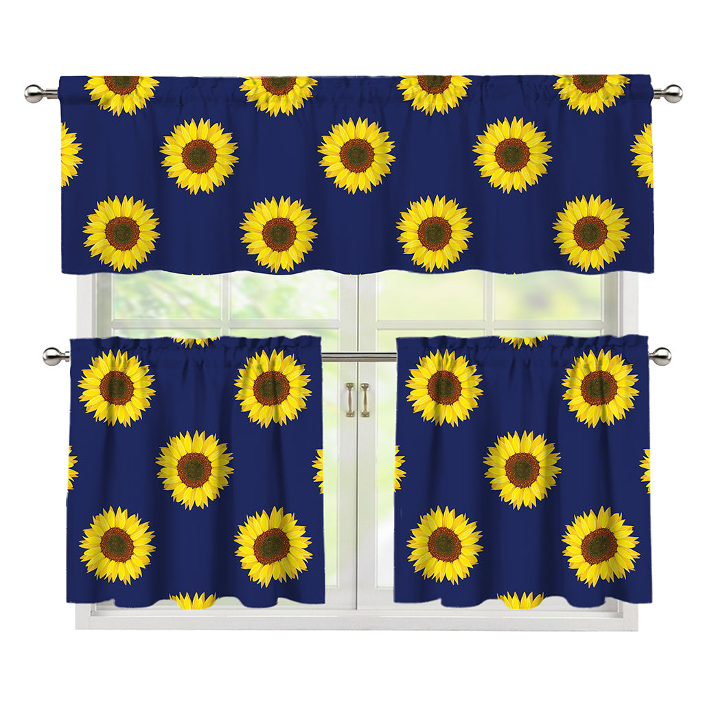 Navy Sunflower Pattern Print 3 Piece Kitchen Curtains