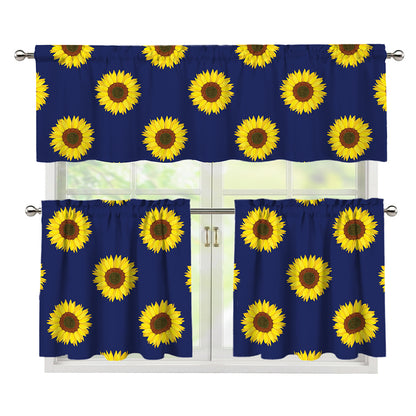 Navy Sunflower Pattern Print 3 Piece Kitchen Curtains