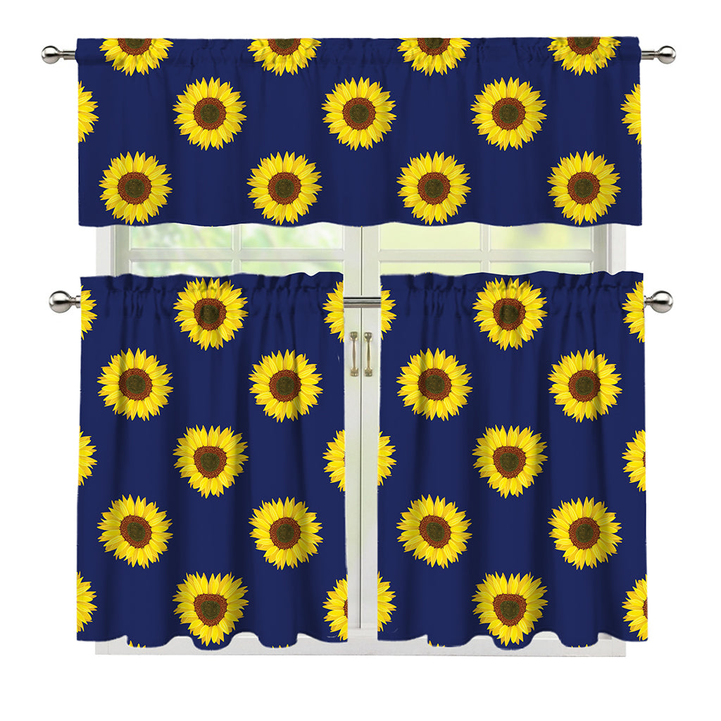 Navy Sunflower Pattern Print 3 Piece Kitchen Curtains