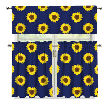 Navy Sunflower Pattern Print 3 Piece Kitchen Curtains