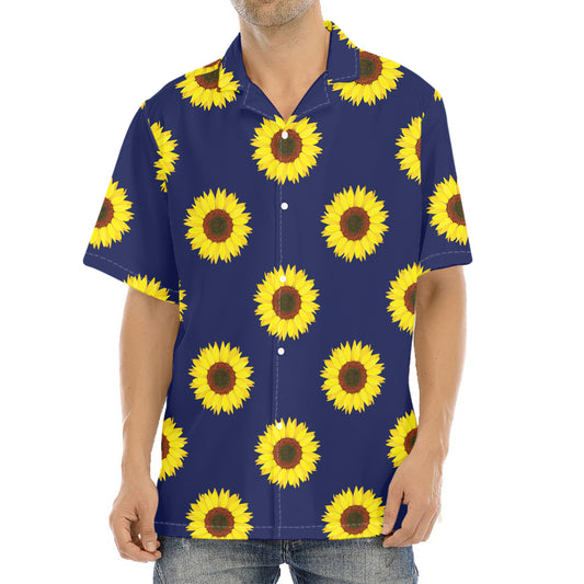 Navy Sunflower Pattern Print Aloha Shirt