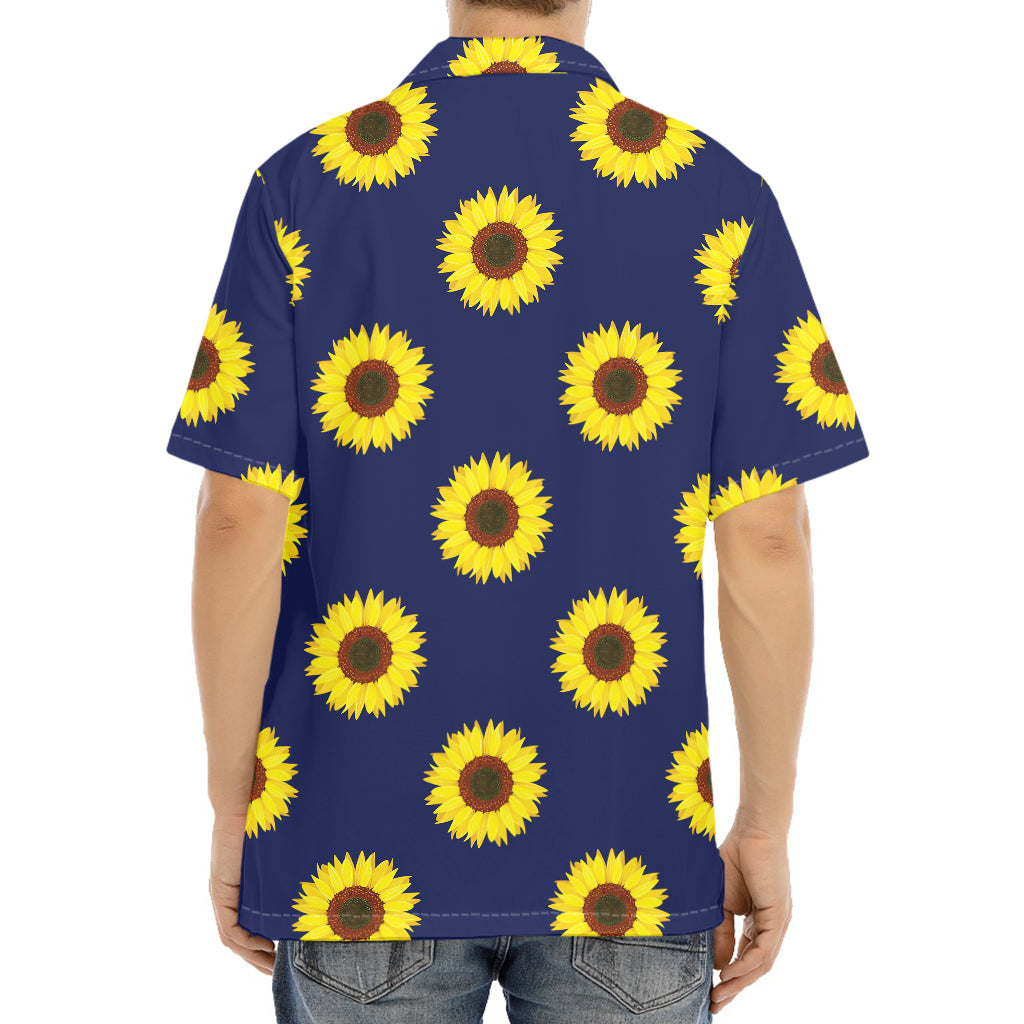 Navy Sunflower Pattern Print Aloha Shirt