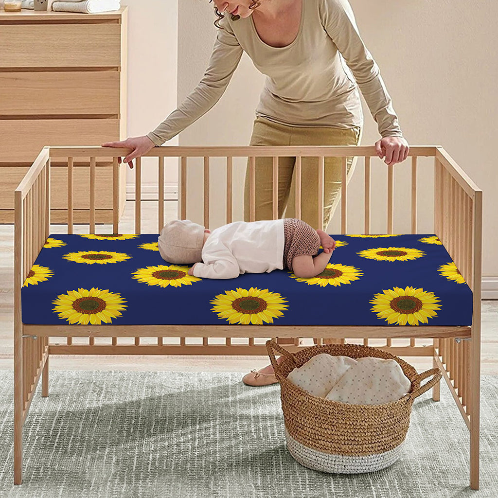 Navy Sunflower Pattern Print Baby Crib Sheet