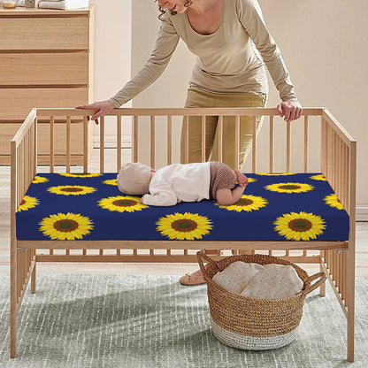 Navy Sunflower Pattern Print Baby Crib Sheet
