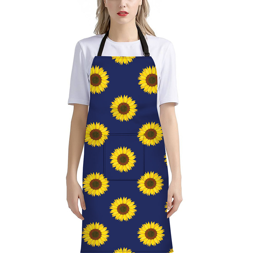 Navy Sunflower Pattern Print Bib Apron With Pocket