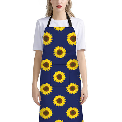 Navy Sunflower Pattern Print Bib Apron With Pocket