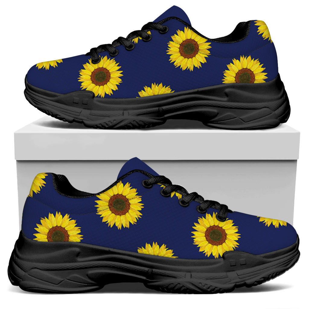 Navy Sunflower Pattern Print Black Chunky Shoes