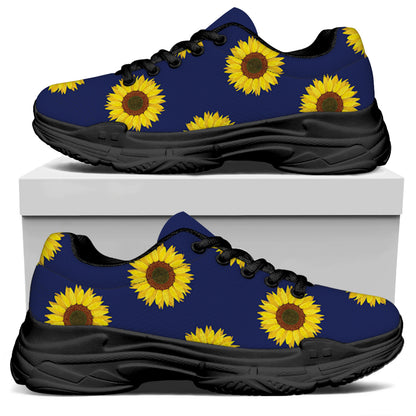 Navy Sunflower Pattern Print Black Chunky Shoes