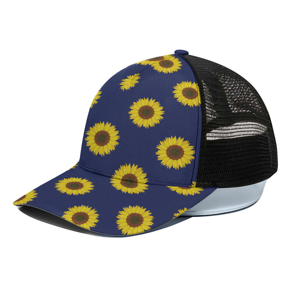 Navy Sunflower Pattern Print Black Mesh Trucker Cap