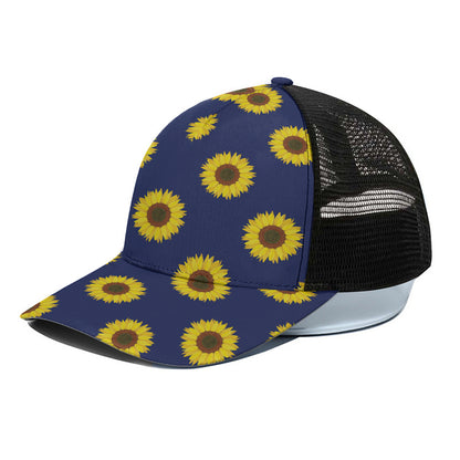 Navy Sunflower Pattern Print Black Mesh Trucker Cap