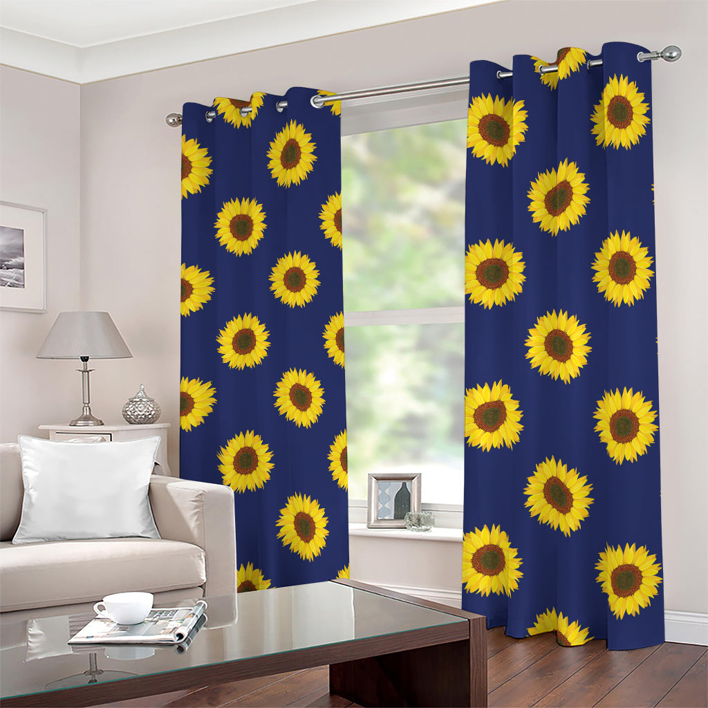Navy Sunflower Pattern Print Blackout Grommet Curtains