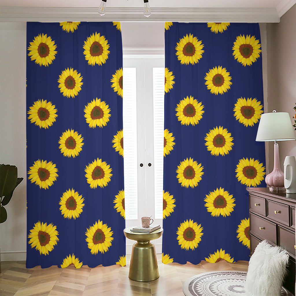Navy Sunflower Pattern Print Blackout Pencil Pleat Curtains