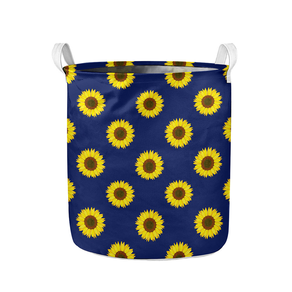 Navy Sunflower Pattern Print Collapsible Laundry Basket