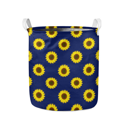 Navy Sunflower Pattern Print Collapsible Laundry Basket
