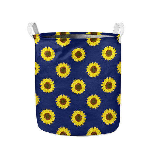 Navy Sunflower Pattern Print Collapsible Laundry Basket